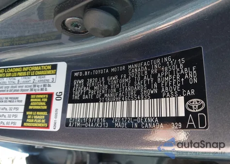 2016 Toyota Corolla Le из США, поврежденный, VIN 2T1BURHE4GC554935